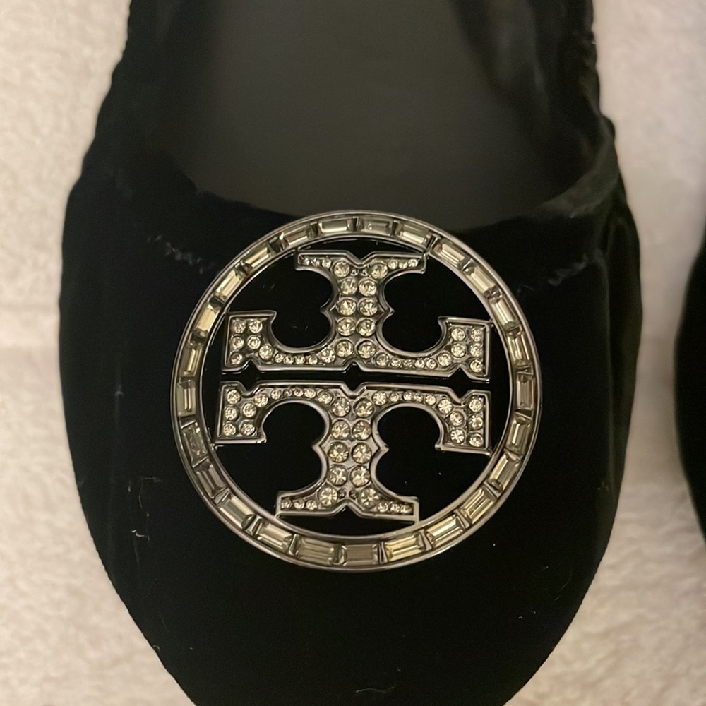 Tory Burch "Violet Ballet Flats" Black Velvet w/Crystals - Picture 4 of 5